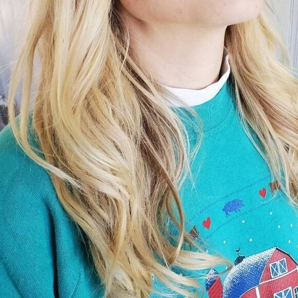 Vtg 90's Collared Teal Collared Cottagecore Grandma Sweatshirt - Picture 7 of 7